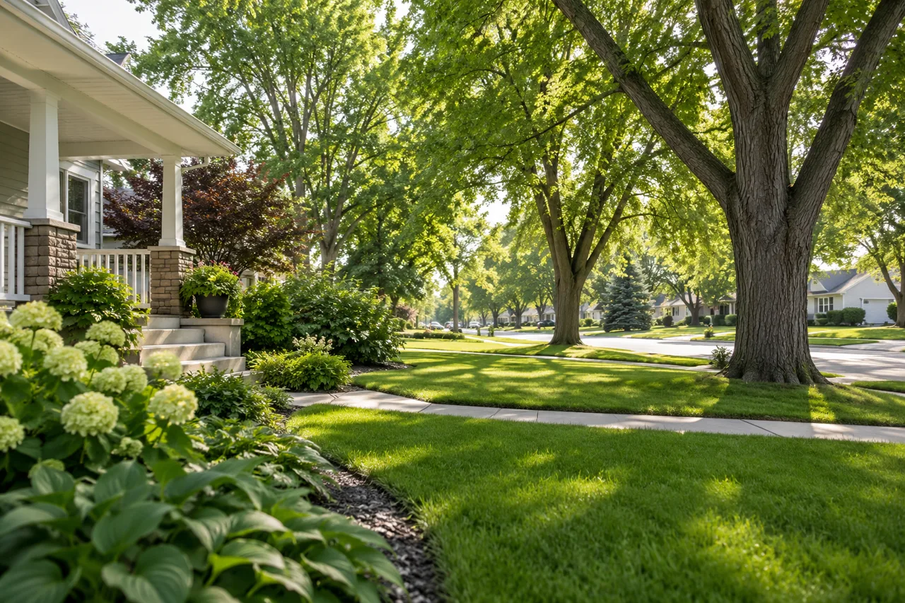 Established shade trees beside a front walkway