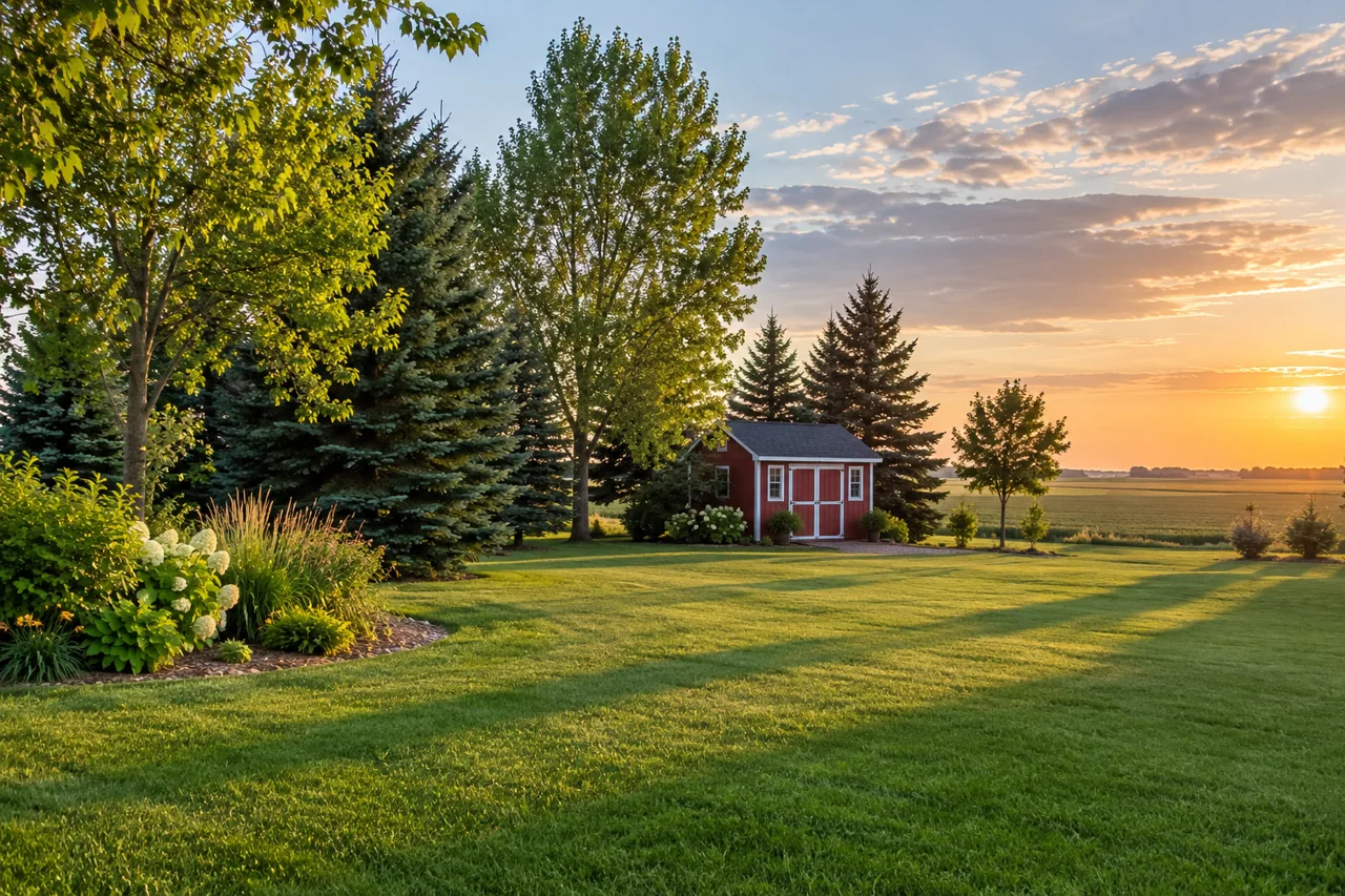 Shelterbelt trees bordering a prairie yard