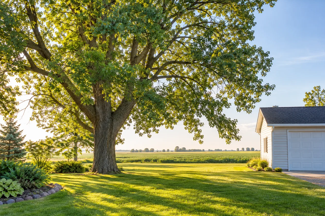 Mature shade tree beside a rural property