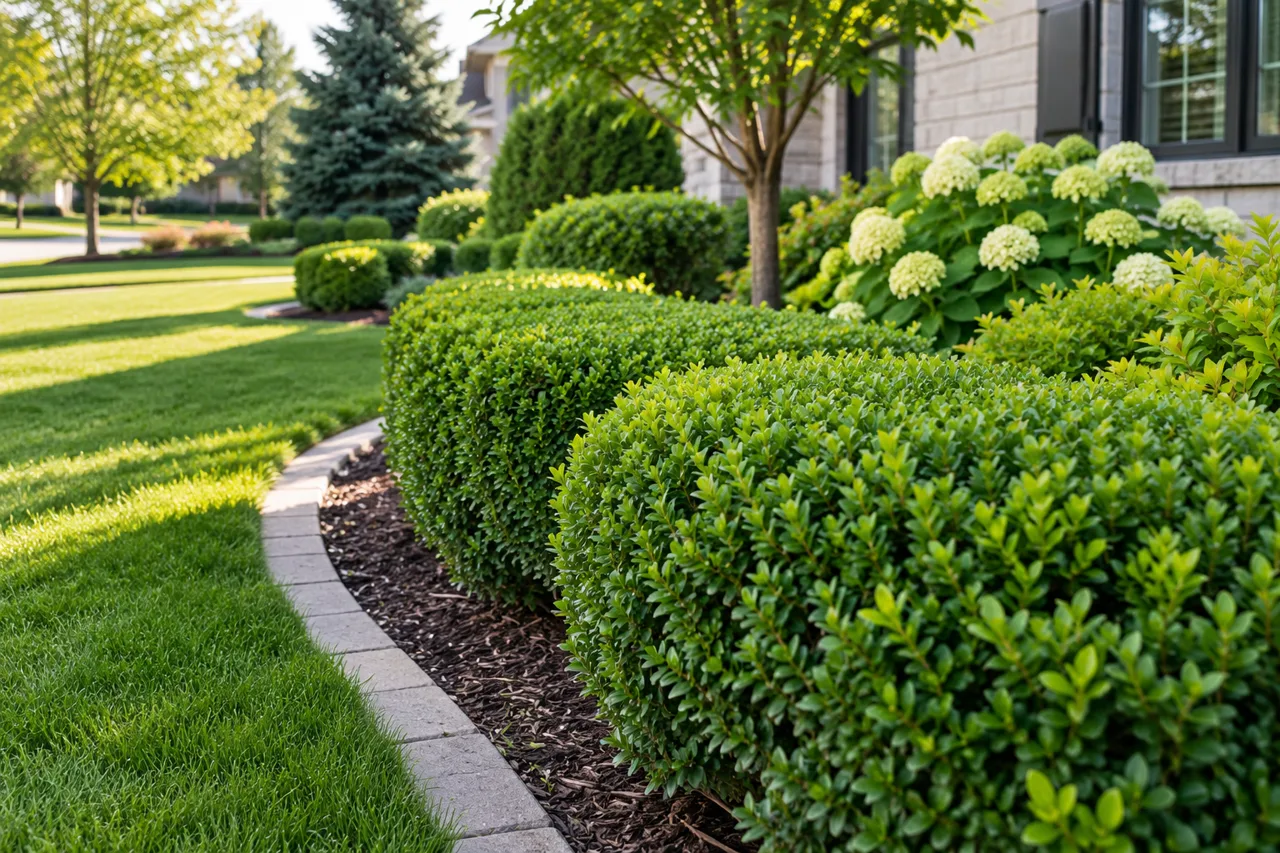 Freshly shaped hedges along a garden border