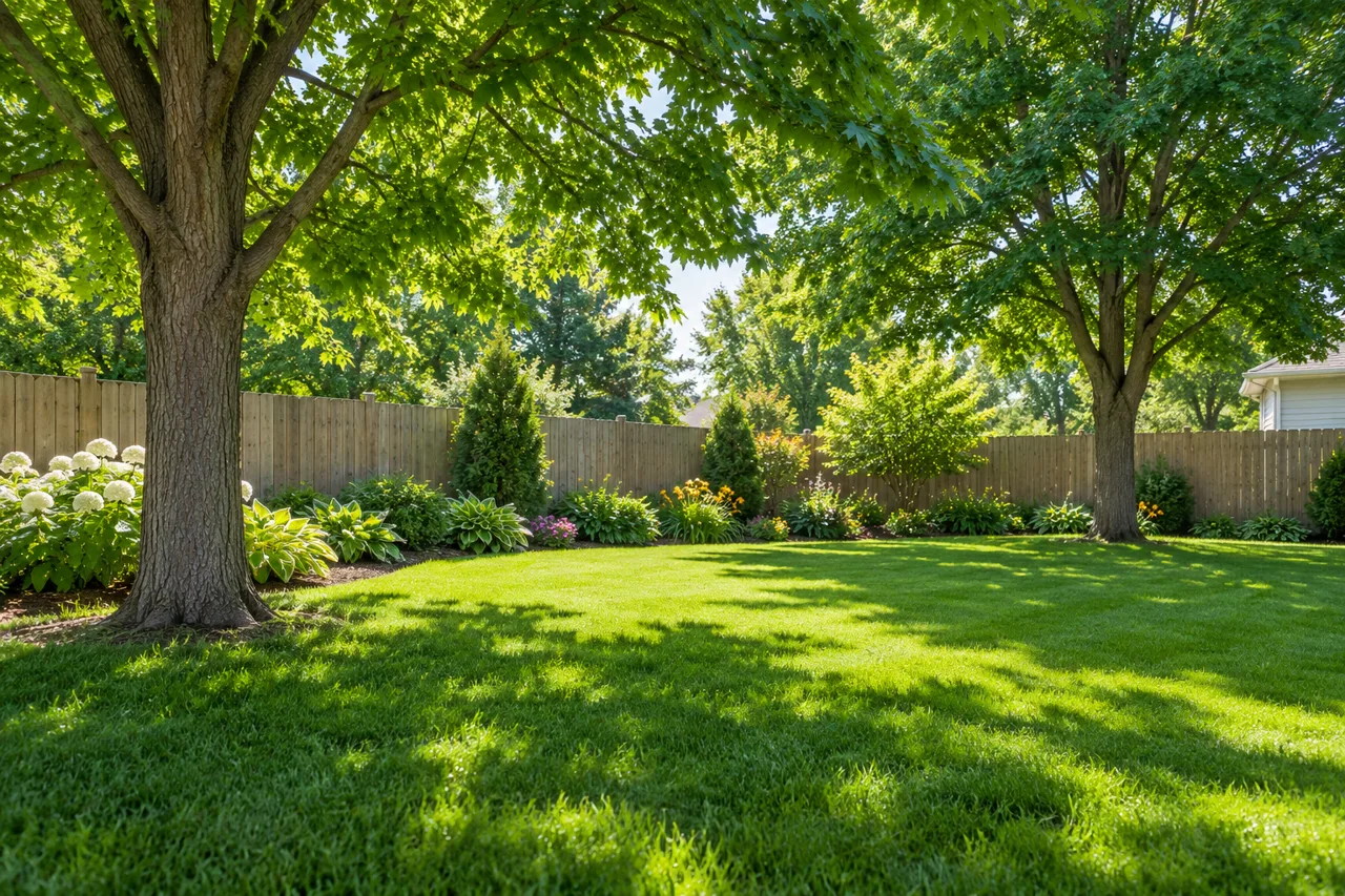 Maple trees shading a small-town backyard