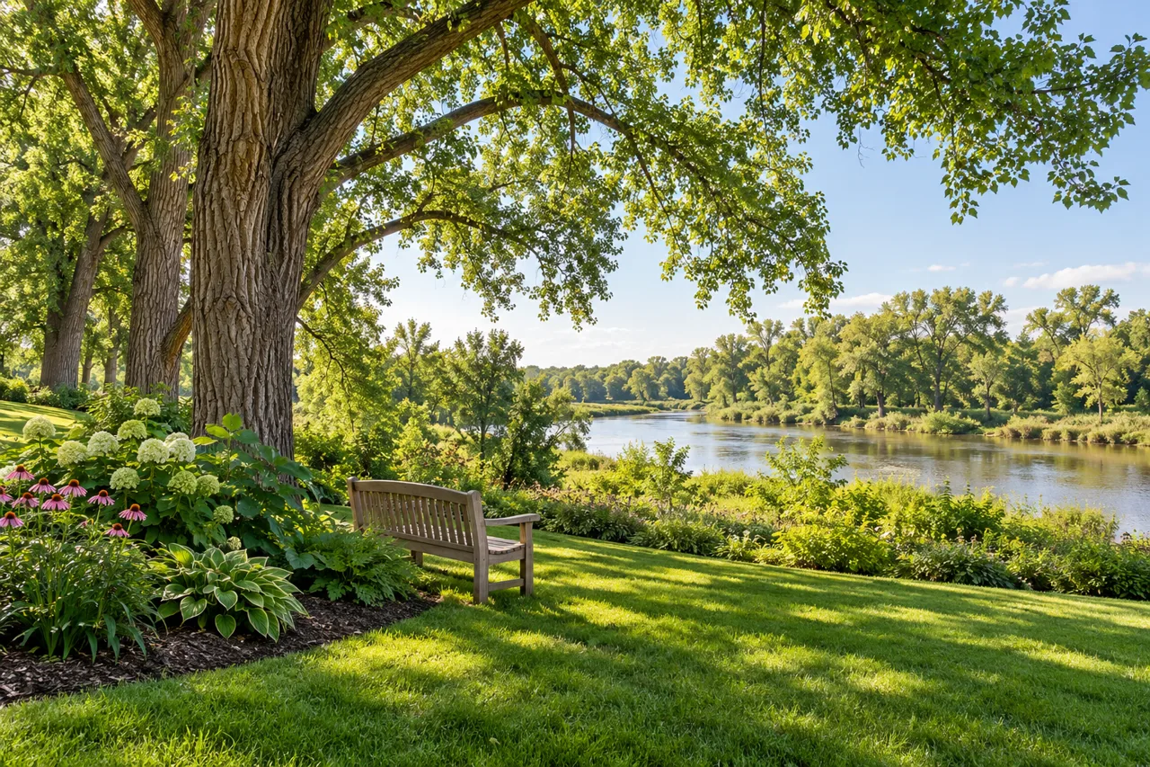 Cottonwood shade trees in a river-valley garden