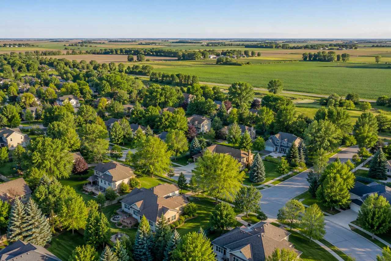 Tree-lined neighborhood beside northern plains farmland