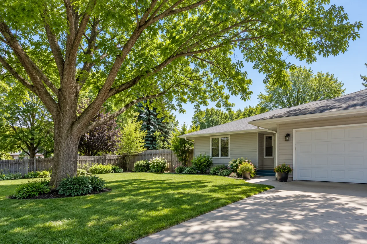 Trimmed tree canopy above a residential roofline